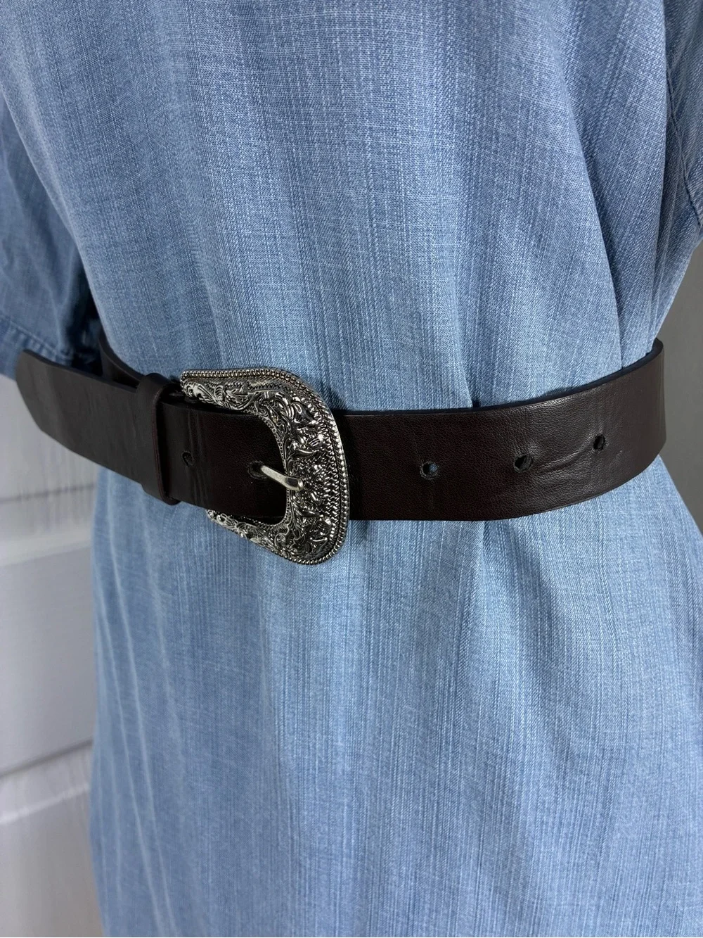 Womens belt 47” long faux Leather Western chocolate brown carved Silver Buckle